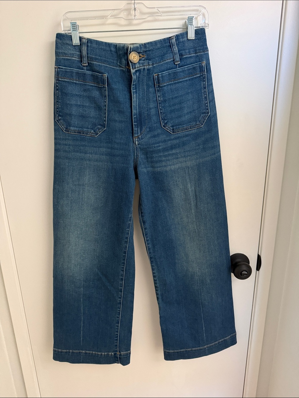 Anthropologie Maeve the Colette Straight Wide-Leg Blue Patch-Pocket Jeans